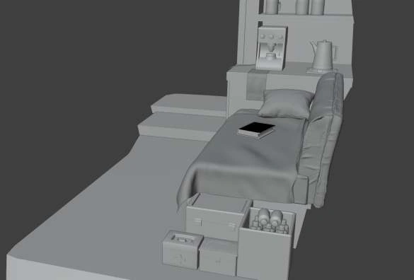 Bed and storage module · Untextured form study.