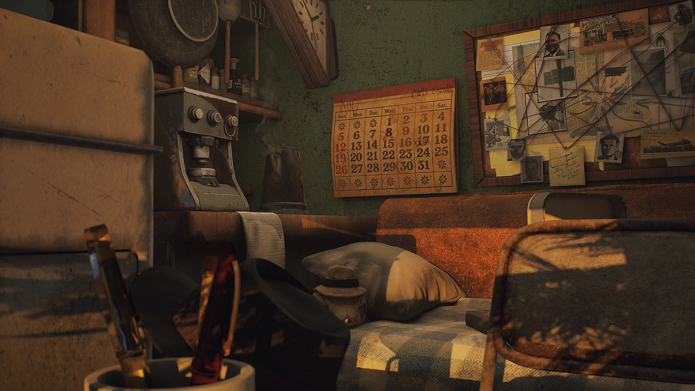 Final interior · Investigation at the desk, rest beside it, supplies within reach. Supporting props and imagery are credited below.