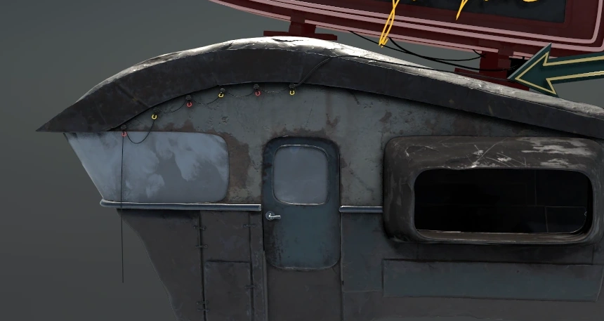 Broad painted panels establish the body; metal seams and window edging break up the surface.