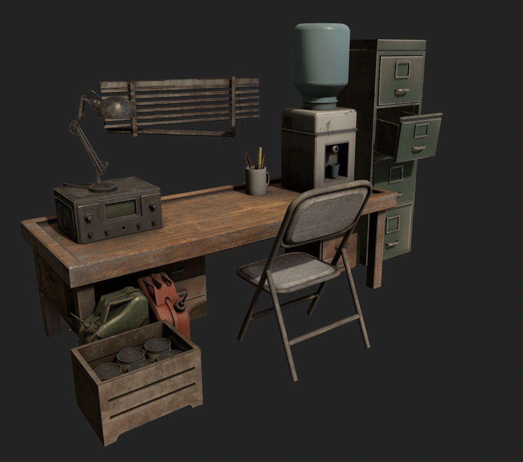 Office module and scene arrangement · Shawn’s integration; supporting assets included.