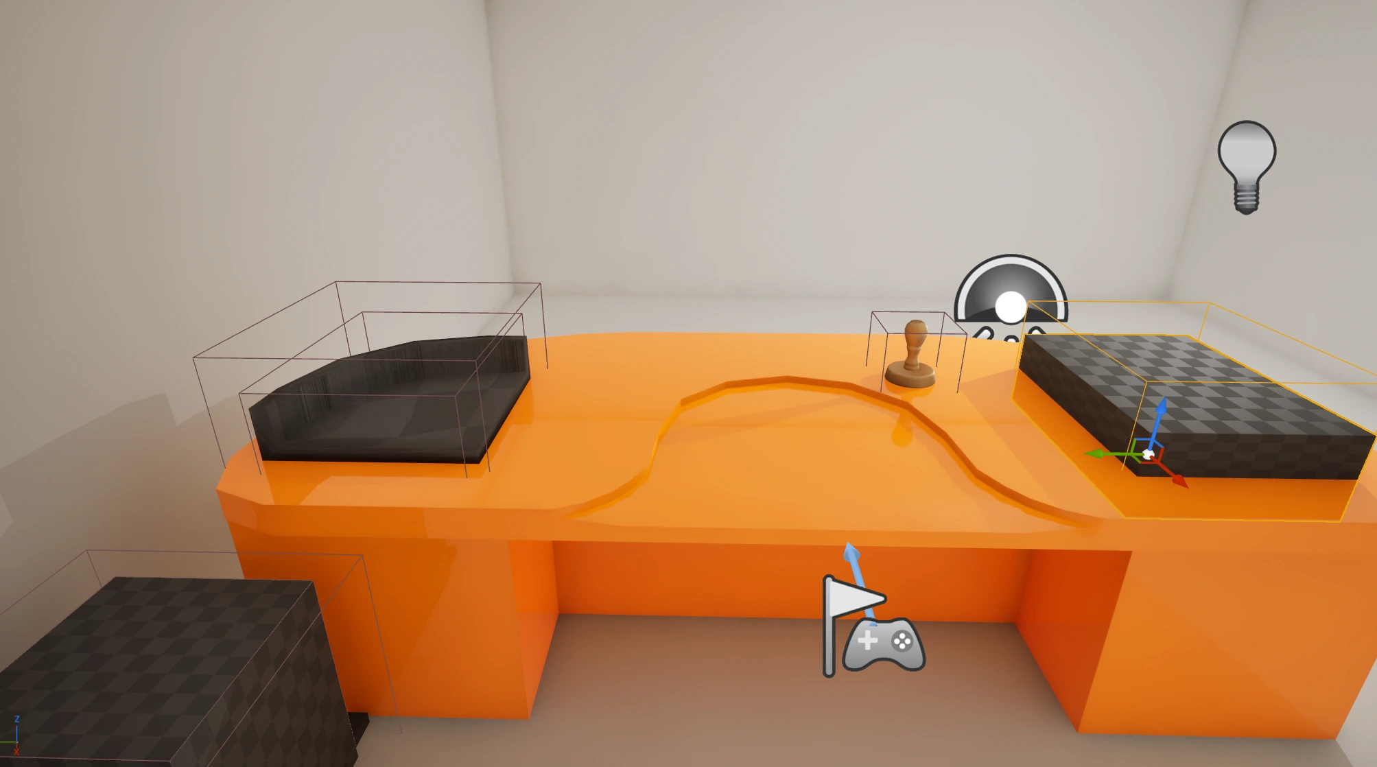 Earlier workspace blockout · Desk footprint and surrounding room before the finished scene.
