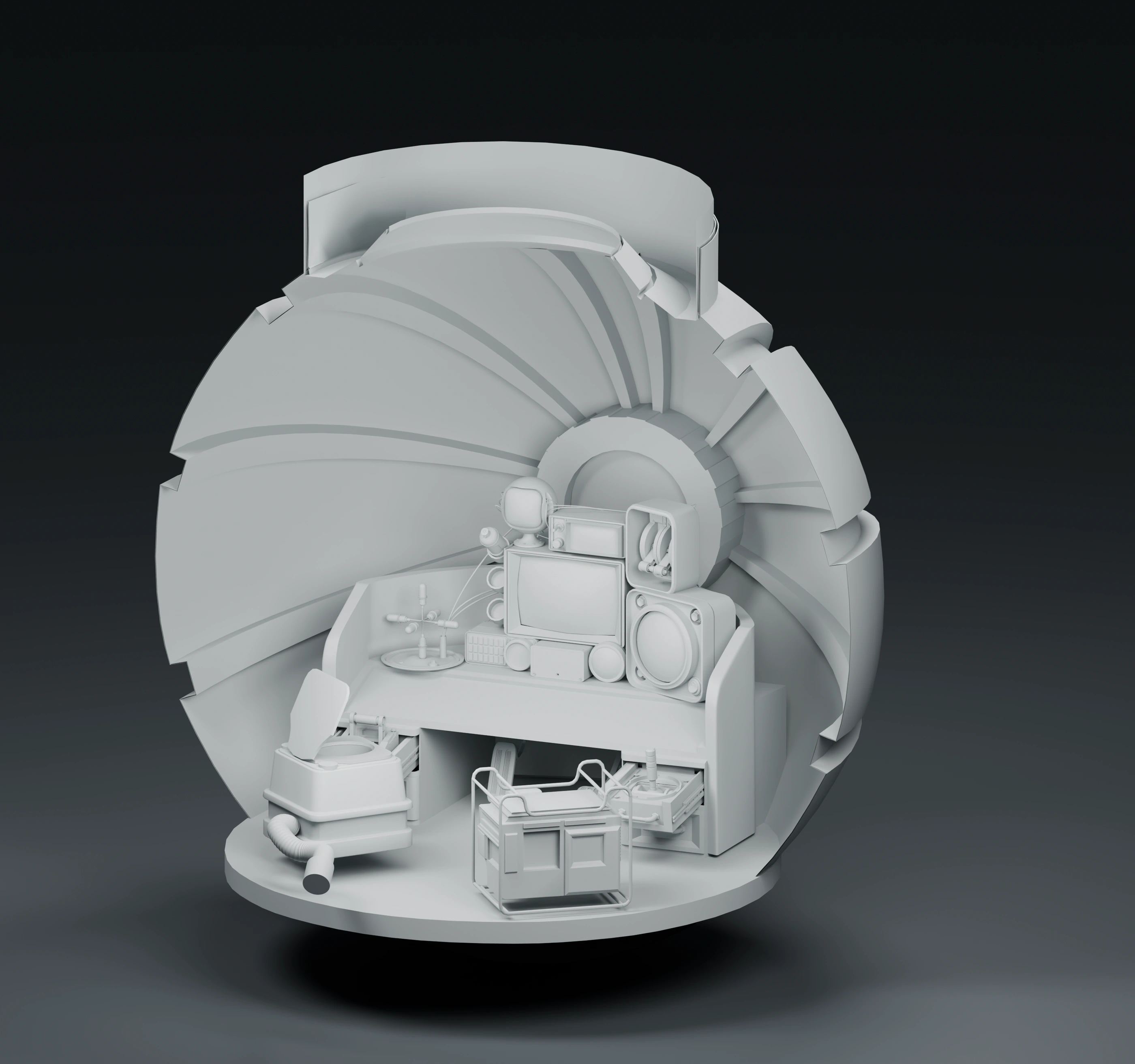 Bell cutaway · Overall relationship between shell, station and supporting equipment.