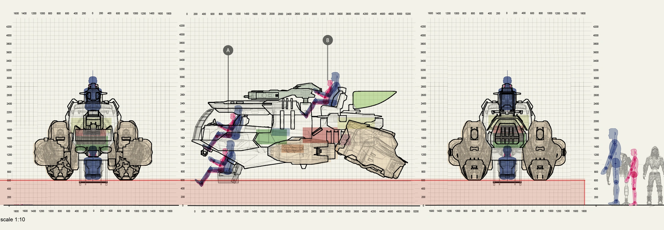 The pilot sits inside the forward cabin; the second operator works from the elevated rear station.