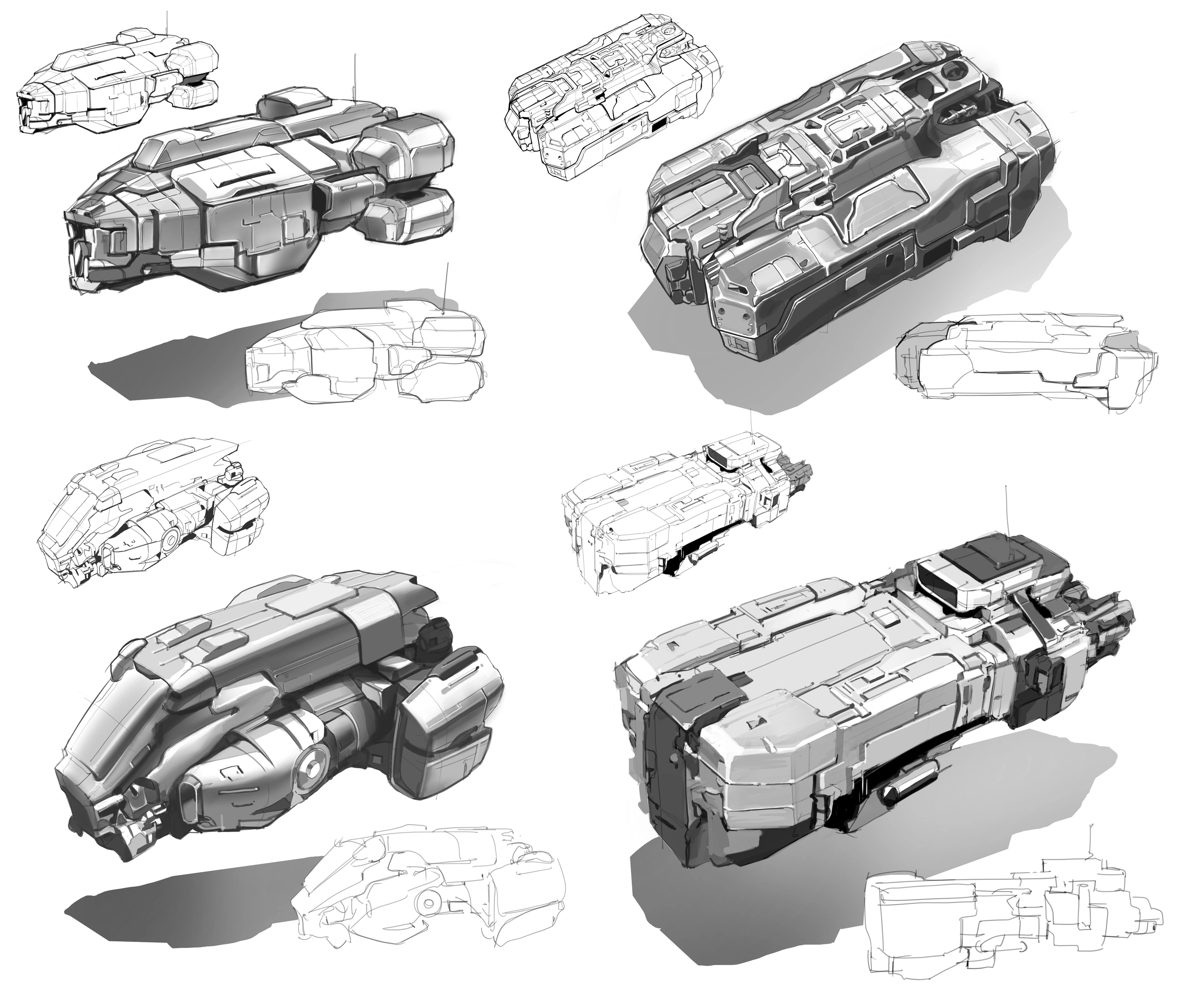 First round · Four vehicle directions exploring proportion, cockpit placement and shell construction.