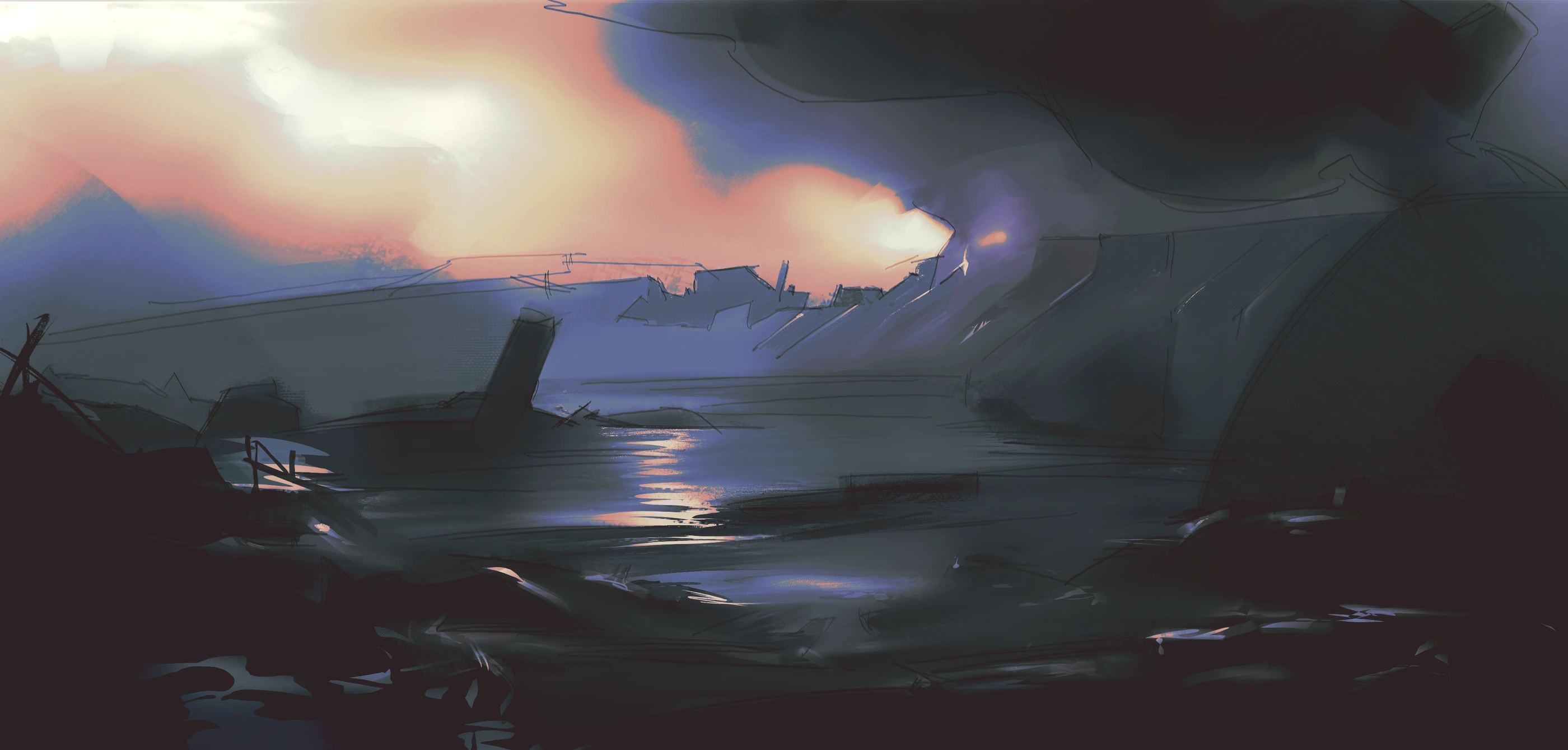 Water, ruined structures and evening light · Environment atmosphere study.