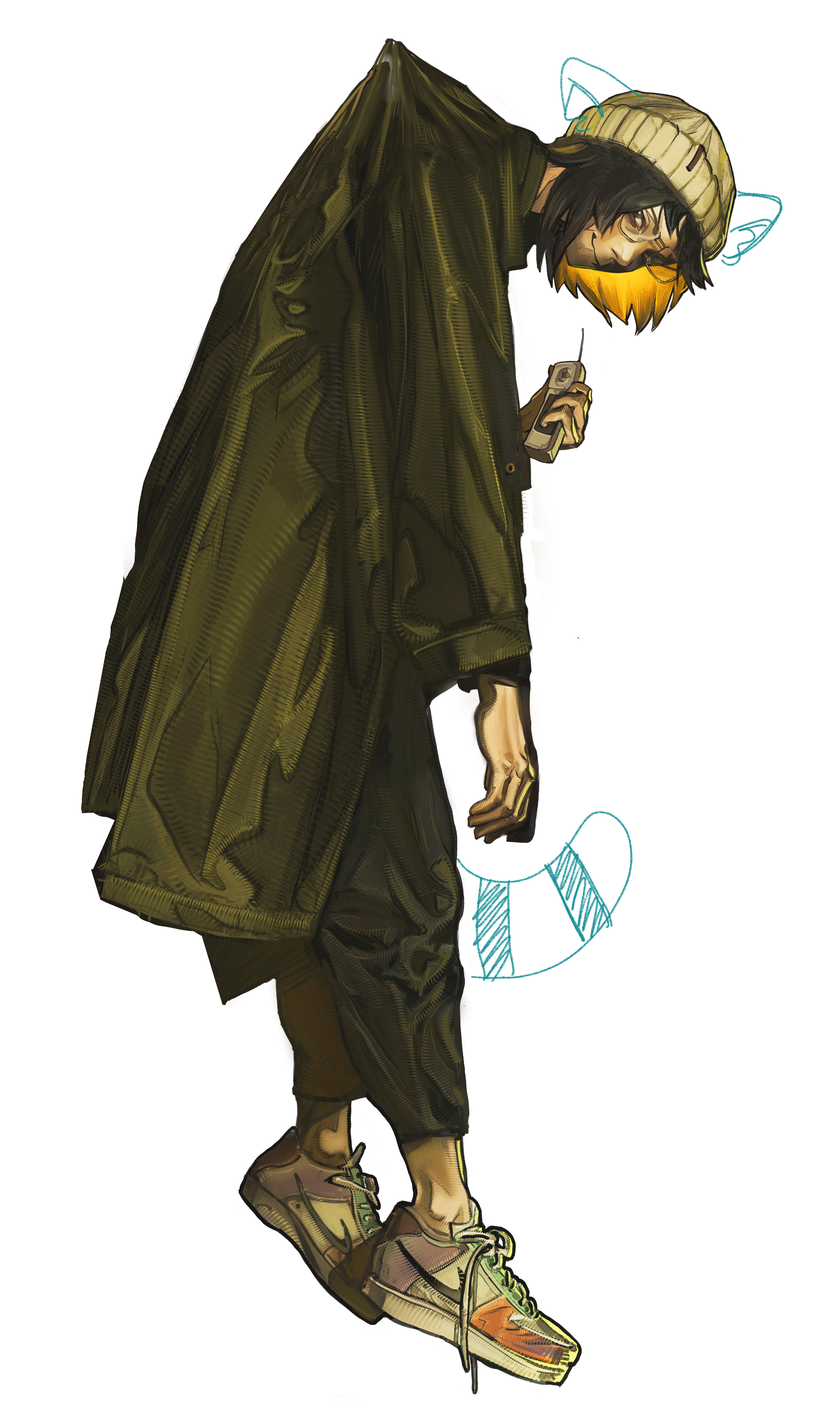 Shawn’s illustrated character hanging by the tip of a lifted coat