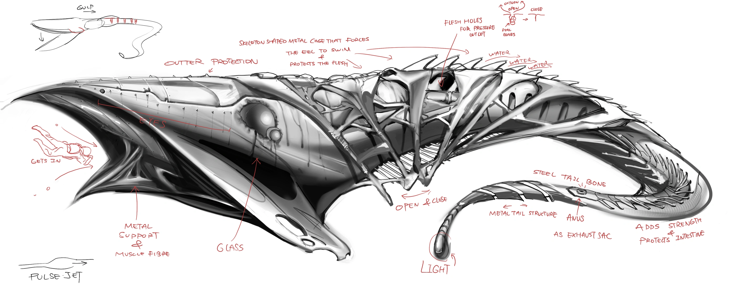 Early divingBell concept · Biological form, protective frame and functional annotations. Shawn Wang.